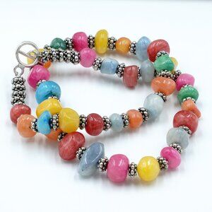 Boho Beaded Necklace MulticolorStone Chunky Bali Beads Silver Tone Toggle
